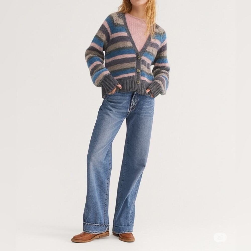 Saltwater Luxe Cozy Striped Cardigan Sweater Chunky Knit Coastal Granddaughter